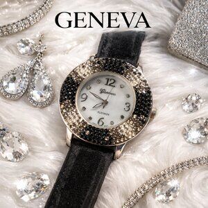 Geneva Platinum Black Gray Crystal Rhinestones Women's Wristwatch